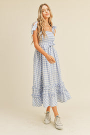 Baby Blue Smocked Bodice Ruffled Hem Midi Dress