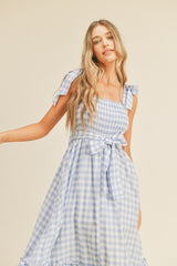 Baby Blue Smocked Bodice Ruffled Hem Midi Dress