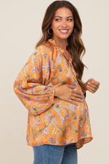 Orange Floral Ruffle Neck Puff 3/4 Sleeve Satin Maternity Top