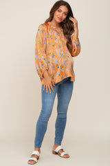 Orange Floral Ruffle Neck Puff 3/4 Sleeve Satin Maternity Top