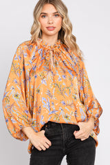 Orange Floral Ruffle Neck Puff 3/4 Sleeve Satin Top