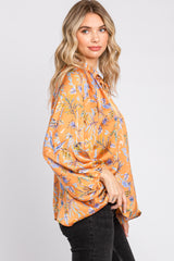 Orange Floral Ruffle Neck Puff 3/4 Sleeve Satin Top