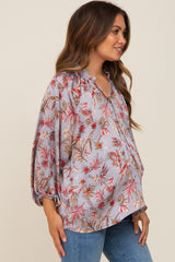 Grey Floral Ruffle Neck Puff 3/4 Sleeve Satin Maternity Top