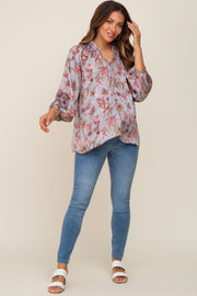 Grey Floral Ruffle Neck Puff 3/4 Sleeve Satin Maternity Top