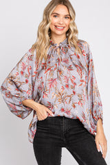 Grey Floral Ruffle Neck Puff 3/4 Sleeve Satin Maternity Top