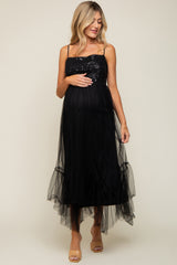 Black Sequin Top Tulle Maternity Midi Dress