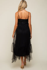 Black Sequin Top Tulle Maternity Midi Dress