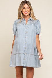 Light Blue Denim Smocked Button Up Maternity Dress