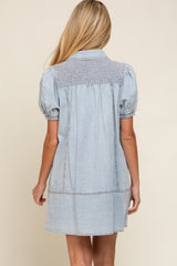 Light Blue Denim Smocked Button Up Maternity Dress