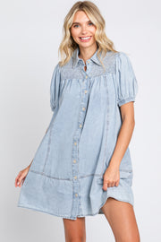 Light Blue Denim Smocked Button Up Dress