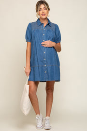 Blue Denim Smocked Button Up Maternity Dress