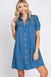 Blue Denim Smocked Button Up Dress