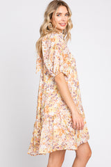 Yellow Floral Chiffon Back Cutout Tie Puff Sleeve Dress