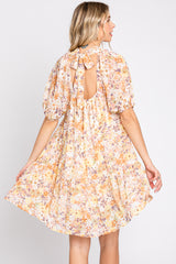 Yellow Floral Chiffon Back Cutout Tie Puff Sleeve Dress