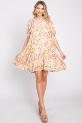 Yellow Floral Chiffon Back Cutout Tie Puff Sleeve Dress