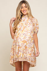 Yellow Floral Chiffon Back Cutout Tie Puff Sleeve Maternity Dress