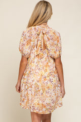 Yellow Floral Chiffon Back Cutout Tie Puff Sleeve Maternity Dress