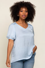 Light Blue Puff Sleeve Maternity Blouse