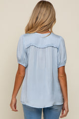 Light Blue Puff Sleeve Maternity Blouse