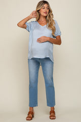 Light Blue Puff Sleeve Maternity Blouse