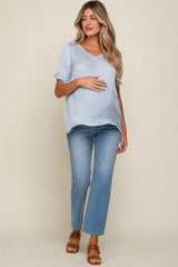 Light Blue Puff Sleeve Maternity Blouse