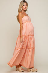 Peach Square Neck Ruffle Tiered Maternity Maxi Dress