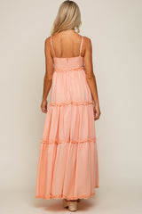 Peach Square Neck Ruffle Tiered Maternity Maxi Dress