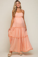 Peach Square Neck Ruffle Tiered Maternity Maxi Dress