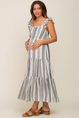 Grey Striped Button Front Tiered Maternity Midi Dress