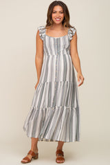 Grey Striped Button Front Tiered Maternity Midi Dress