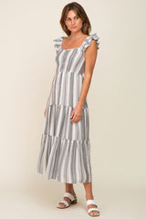 Grey Striped Button Front Tiered Midi Dress