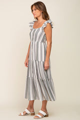 Grey Striped Button Front Tiered Midi Dress