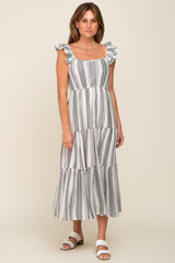 Grey Striped Button Front Tiered Midi Dress