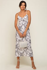 Ivory Floral Front Tie Mesh Knit Midi Dress