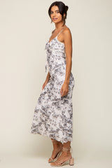 Ivory Floral Front Tie Mesh Knit Midi Dress