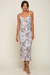 Ivory Floral Front Tie Mesh Knit Midi Dress