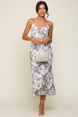 Ivory Floral Front Tie Mesh Knit Midi Dress