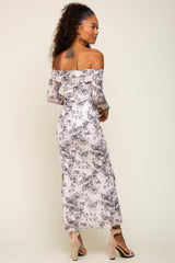 Ivory Floral Lettuce Trim Off Shoulder Maxi Dress