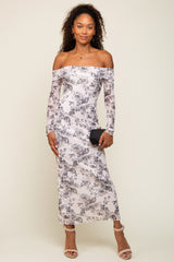 Ivory Floral Lettuce Trim Off Shoulder Maxi Dress