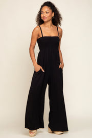 Black Smocked Linen Wide Leg Jumpsuit