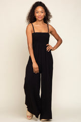 Black Smocked Linen Wide Leg Jumpsuit