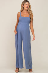 Blue Smocked Linen Wide Leg Maternity Jumpsuit