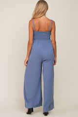 Blue Smocked Linen Wide Leg Maternity Jumpsuit