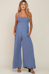 Blue Smocked Linen Wide Leg Maternity Jumpsuit