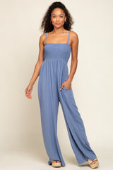 Blue Smocked Linen Wide Leg Maternity Jumpsuit