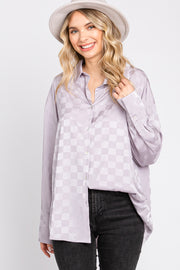 Lavender Checkered Satin Button Up Top