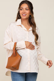 Beige Checkered Satin Button Up Maternity Top