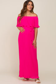 Fuchsia Pleated Off Shoulder Maternity Maxi Dress