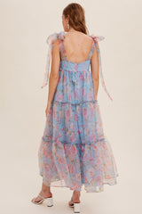 Blue Tiered Floral Print Organza Maxi Dress