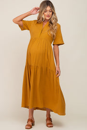 Gold Gauze Split V-Neck Tiered Maternity Maxi Dress